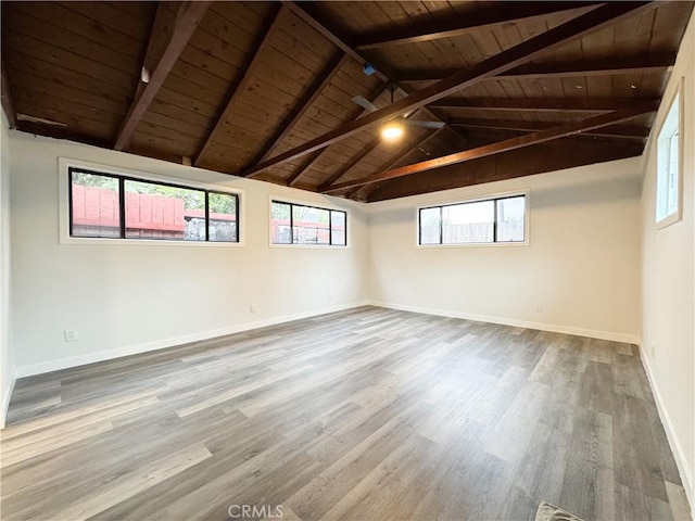 spare room with wooden ceiling, vaulted ceiling with beams, baseboards, and wood finished floors