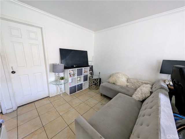 tiled living room featuring crown molding