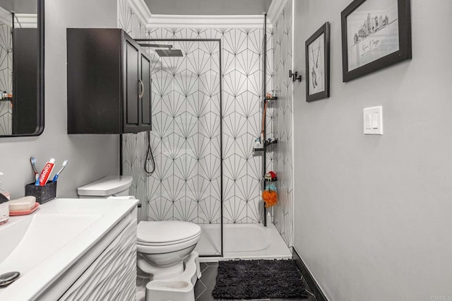 full bath with tile patterned floors, a stall shower, toilet, and vanity