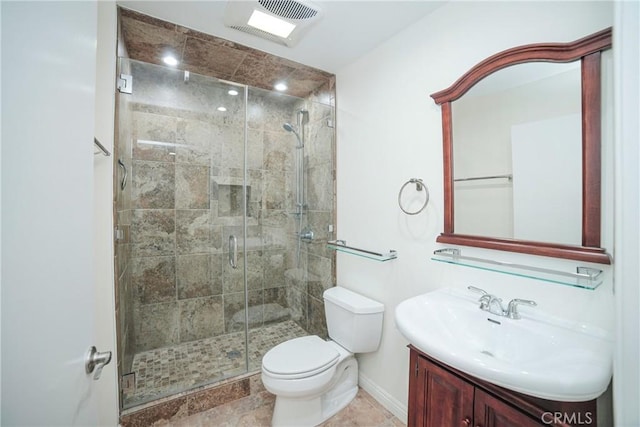 bathroom with visible vents, baseboards, toilet, a stall shower, and vanity