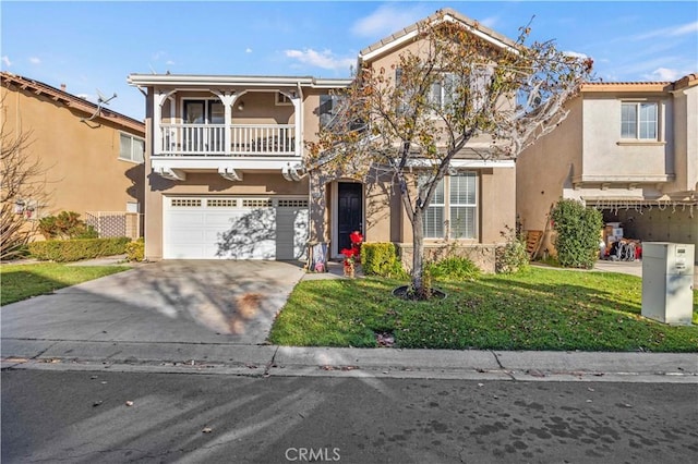 view of front of home with a front lawn, concrete driveway, stucco siding, a balcony, and a garage