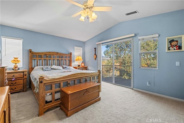 27950 Periwinkle Ln, Valencia, CA 91354 - bedroom featuring light carpet, access to exterior, vaulted ceiling, and a ceiling fan