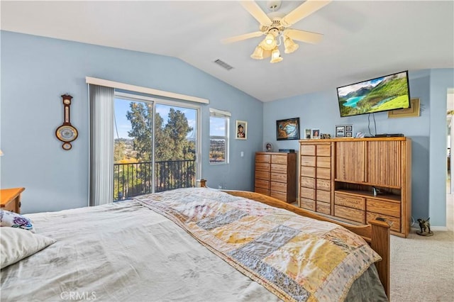 27950 Periwinkle Ln, Valencia, CA 91354 - bedroom featuring lofted ceiling, access to outside, carpet floors, and a ceiling fan
