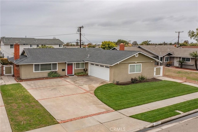 single story home featuring roof with shingles, stucco siding, concrete driveway, a front lawn, and a garage