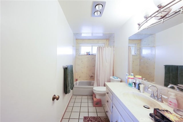 bathroom with tile patterned floors, toilet, shower / bath combo, and vanity