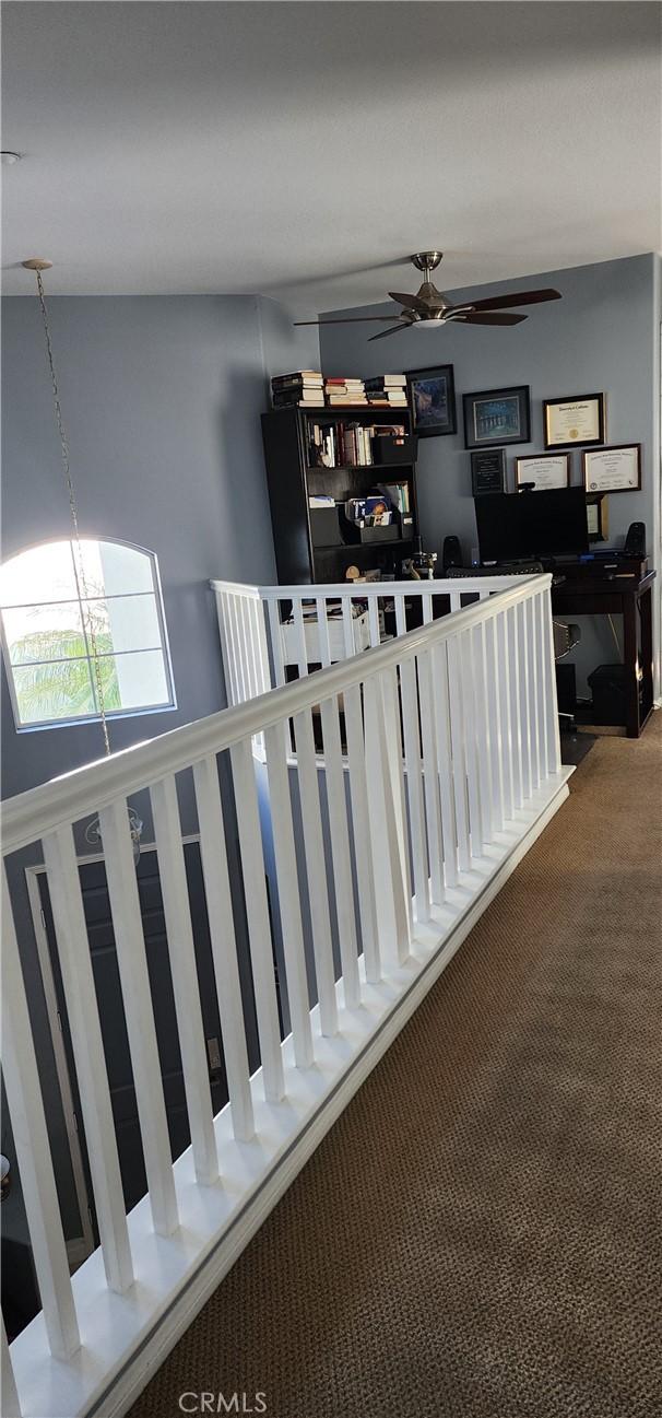 stairs with carpet and a ceiling fan