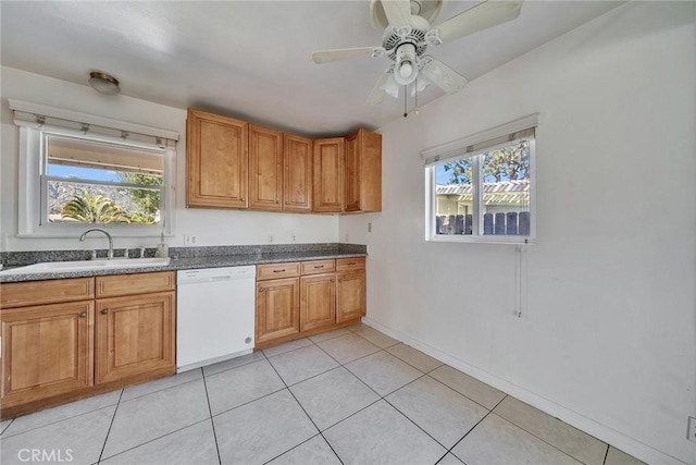 kitchen with plenty of natural light, a ceiling fan, white dishwasher, and a sink