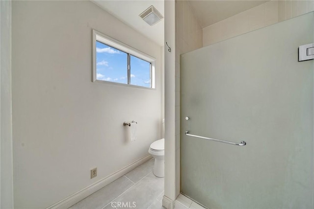 full bath with visible vents, baseboards, toilet, tile patterned floors, and a shower