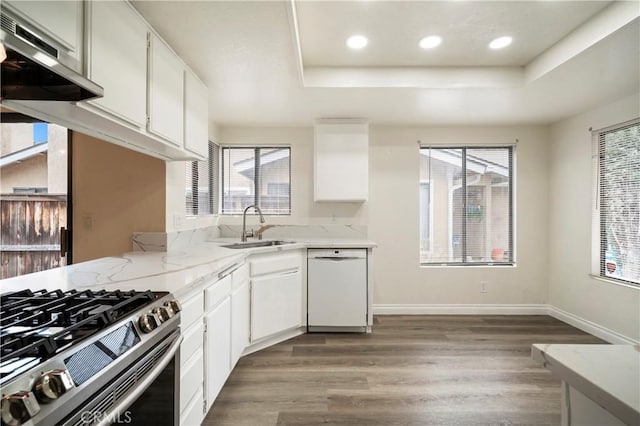 kitchen with a sink, a raised ceiling, stainless steel range with gas cooktop, and white dishwasher