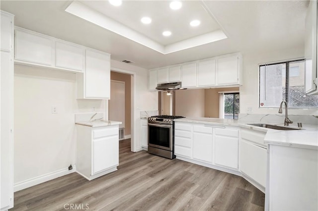 kitchen with light wood finished floors, under cabinet range hood, stainless steel gas stove, a raised ceiling, and a sink