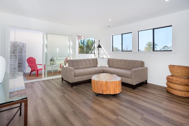 living area with recessed lighting, baseboards, and wood finished floors