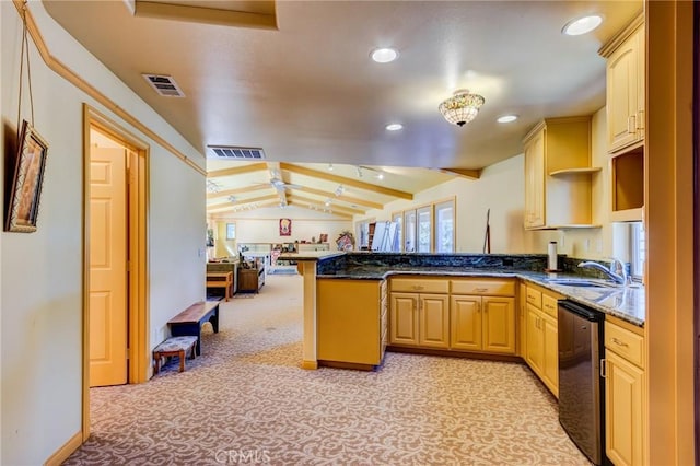 kitchen with visible vents, vaulted ceiling with beams, stainless steel dishwasher, light carpet, and a peninsula