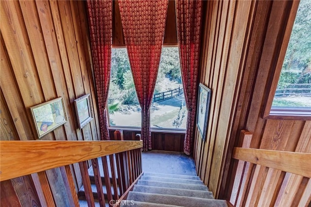 stairway featuring wood walls and carpet