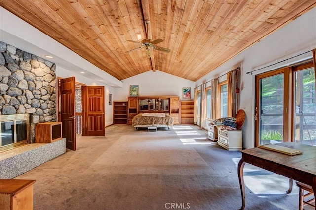 bedroom with lofted ceiling with beams, light colored carpet, access to outside, wooden ceiling, and a stone fireplace