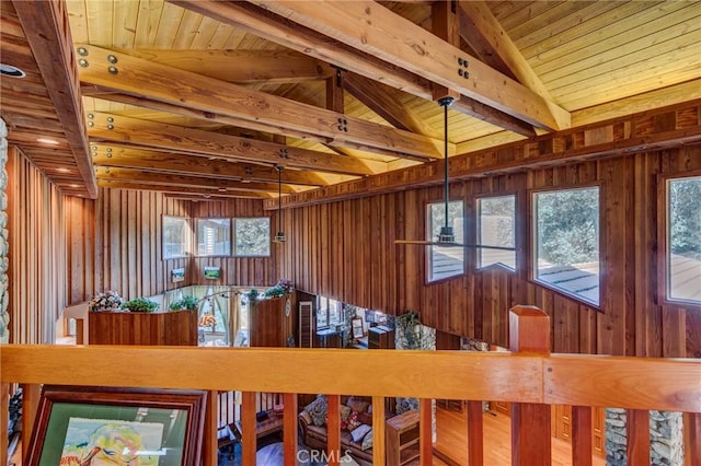 miscellaneous room featuring wooden ceiling, a wealth of natural light, lofted ceiling with beams, and wooden walls