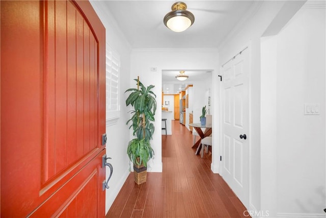 entryway with baseboards, dark wood-style floors, and crown molding