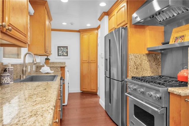 kitchen featuring backsplash, ornamental molding, stainless steel appliances, wall chimney exhaust hood, and a sink