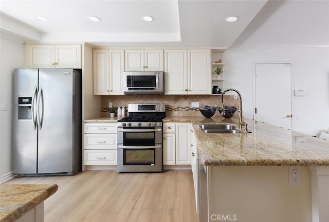 22902 Via Cruz, Laguna Niguel, CA 92677 - kitchen with appliances with stainless steel finishes, a sink, open shelves, a peninsula, and backsplash