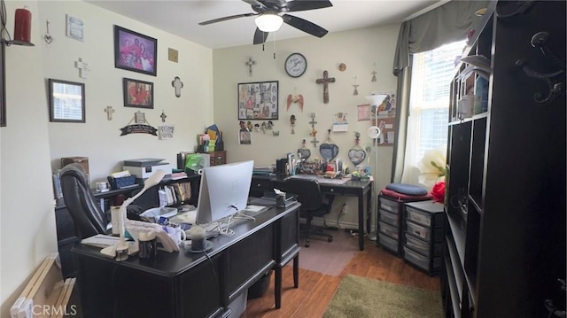 office area featuring a ceiling fan and wood finished floors