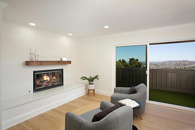 living room featuring a glass covered fireplace, recessed lighting, wood finished floors, and baseboards