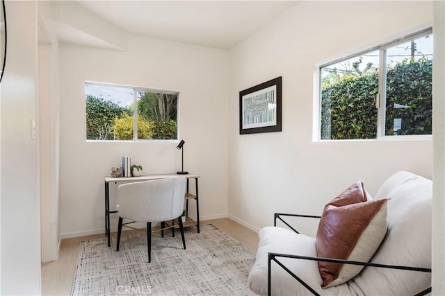 office featuring wood finished floors, baseboards, and a wealth of natural light