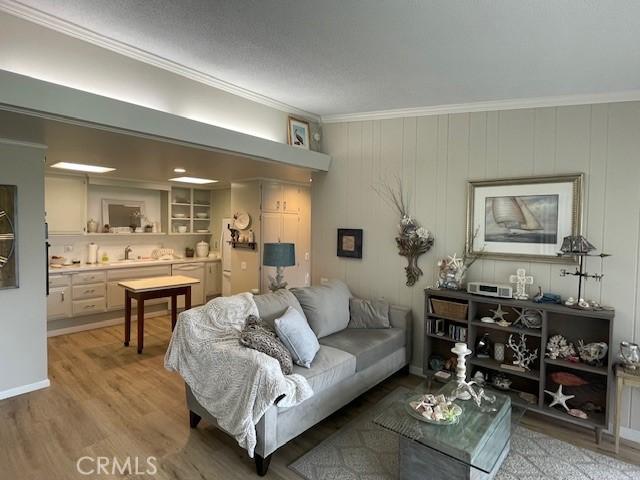 living room with light wood finished floors and crown molding