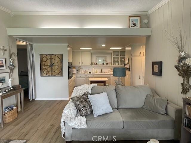 living room featuring light wood-style flooring, a textured ceiling, and crown molding