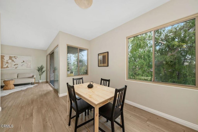 dining room featuring light wood-style flooring, plenty of natural light, and baseboards