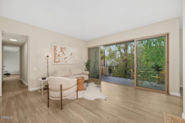 living area with baseboards and light wood-style flooring