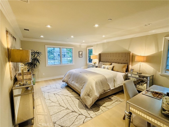 bedroom featuring crown molding, recessed lighting, light wood-style floors, and baseboards