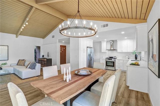 dining space featuring visible vents, light wood-style flooring, vaulted ceiling with beams, wood ceiling, and a chandelier