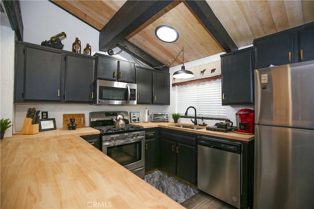 kitchen with a sink, wood ceiling, appliances with stainless steel finishes, and butcher block counters