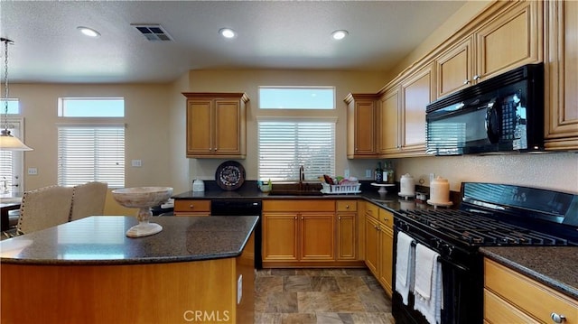 8846 Tamarisk Ave, Hesperia, CA 92344 - kitchen featuring black appliances, a sink, a center island, decorative light fixtures, and recessed lighting