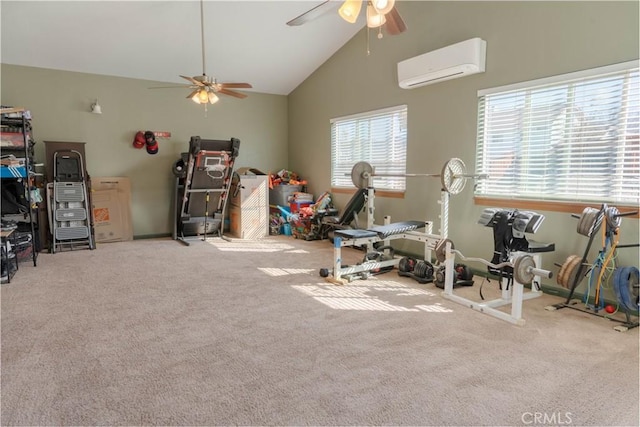 workout room featuring ceiling fan, high vaulted ceiling, carpet, and a wall unit AC