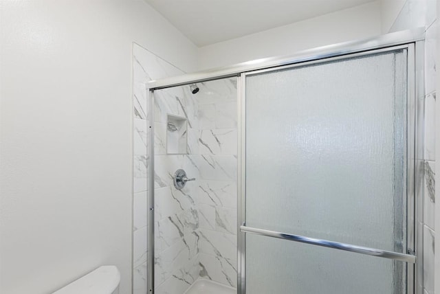 bathroom with toilet and a shower stall