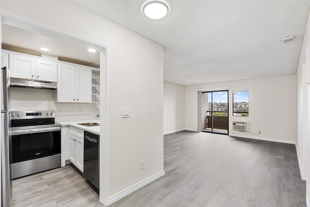 kitchen featuring white cabinetry, electric stove, light wood-style floors, under cabinet range hood, and dishwasher