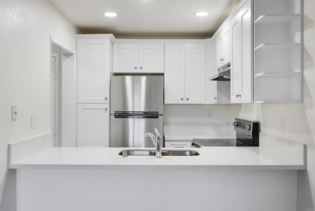 kitchen with open shelves, under cabinet range hood, a sink, white cabinetry, and stainless steel appliances