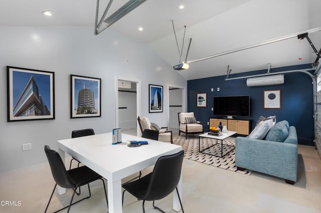 dining area featuring finished concrete floors, lofted ceiling with beams, recessed lighting, and a wall mounted AC