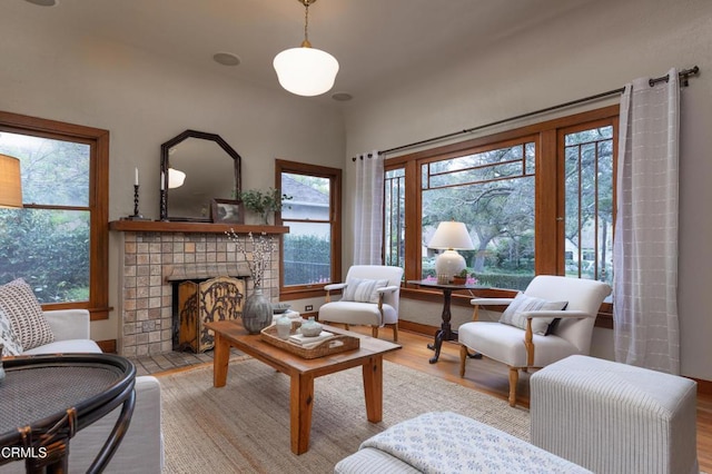 living area featuring baseboards, wood finished floors, and a tile fireplace