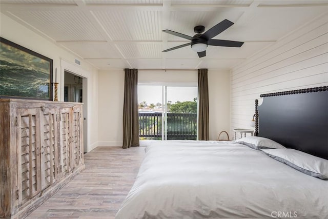 236 Avenida Montalvo, San Clemente, CA 92672 - bedroom featuring wood finished floors, access to outside, wooden walls, and a ceiling fan