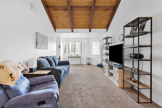 carpeted living area with beamed ceiling, wood ceiling, visible vents, and high vaulted ceiling