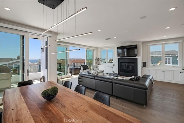 dining space with recessed lighting, wood finished floors, a healthy amount of sunlight, and a glass covered fireplace