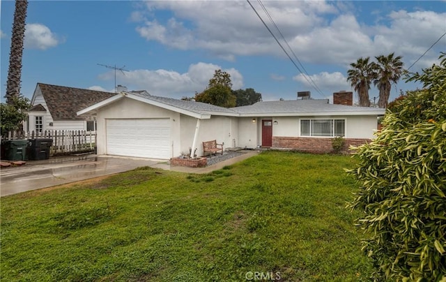 ranch-style home with stucco siding, a front lawn, fence, concrete driveway, and an attached garage