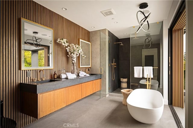 5244 Tampa Ave, Tarzana, CA 91356 - bathroom featuring vanity, visible vents, a soaking tub, recessed lighting, and a shower stall
