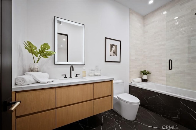 5244 Tampa Ave, Tarzana, CA 91356 - bathroom with visible vents, toilet, enclosed tub / shower combo, marble finish floor, and vanity