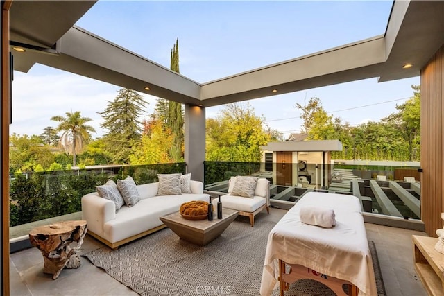 5244 Tampa Ave, Tarzana, CA 91356 - view of patio / terrace featuring an outdoor living space and an outbuilding