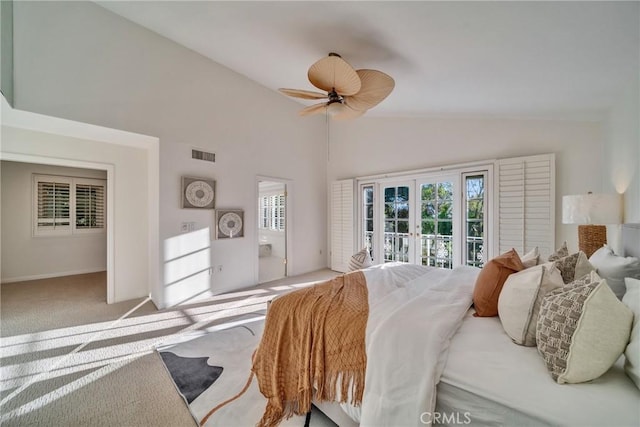 bedroom featuring visible vents, high vaulted ceiling, a ceiling fan, carpet floors, and access to exterior