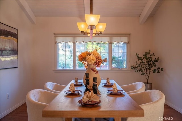 dining space featuring beamed ceiling, wood finished floors, and baseboards