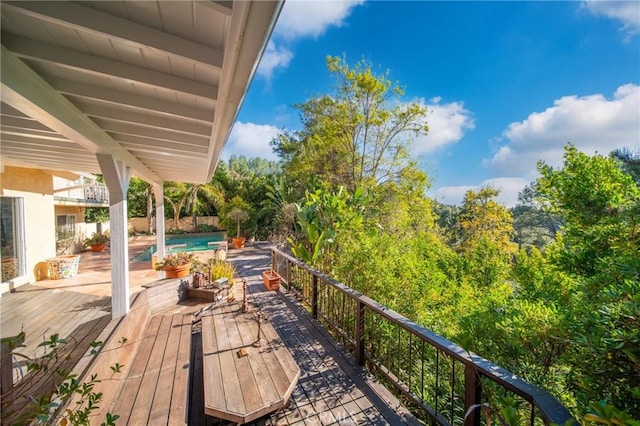 wooden terrace with a fenced in pool and fence