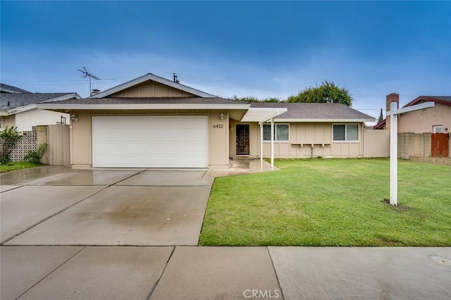 6432 Weber Cir, Huntington Beach, CA 92647 - ranch-style home featuring concrete driveway, board and batten siding, a garage, and a front yard